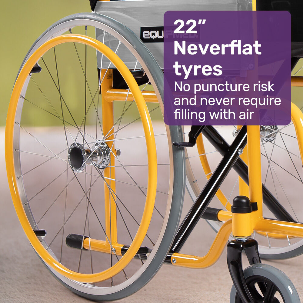 EQUIPMED Kids Paediatric Wheelchair, 100kg Rated, 110-140cm Rider Height, Quick Folding, Adjustable Footrests, 22" Wheels, Yellow