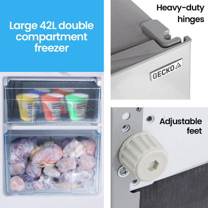 GECKO 119L Upright Portable Fridge / Freezer, 12V/24V/240V for Motorhome and Caravan, Silver