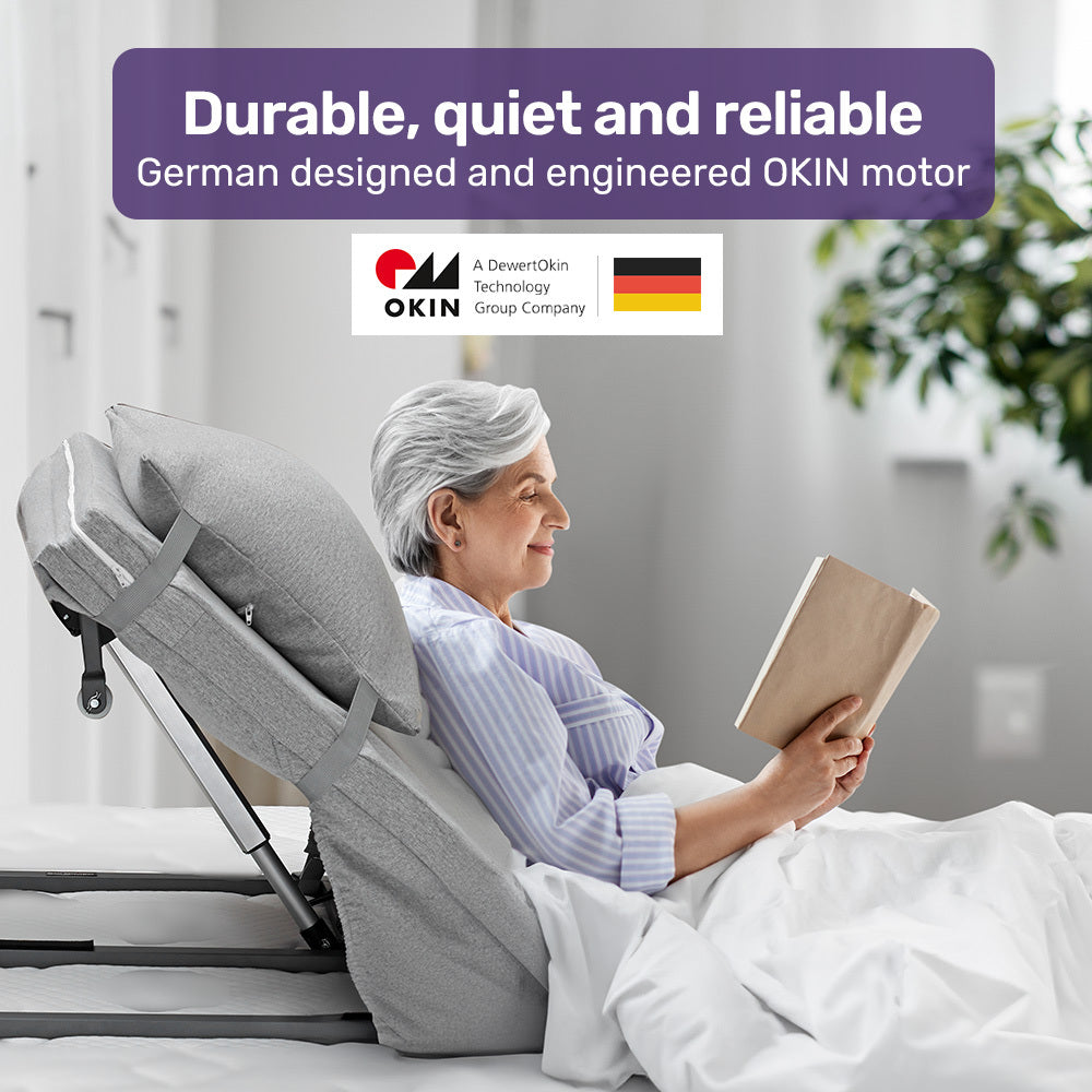 Equipmed Electric Adjustable Bed Backrest, German-Engineered Power Lifting Back Support with Remote Control, Full Length, Grey