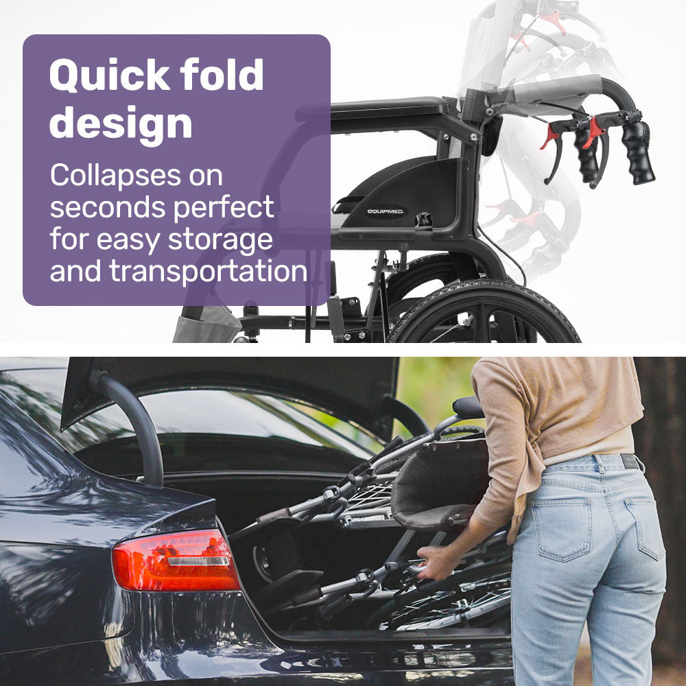 Equipmed Folding Transit Wheelchair, Lightweight Aluminium for Easy Transport, Grey