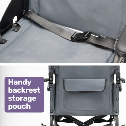 Equipmed Folding Transit Wheelchair, Lightweight Aluminium for Easy Transport, Grey