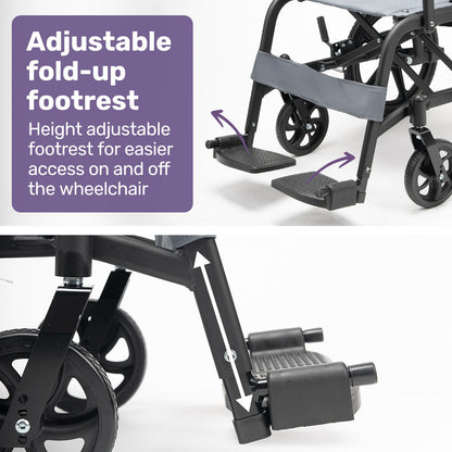 Equipmed Folding Transit Wheelchair, Lightweight Aluminium for Easy Transport, Grey
