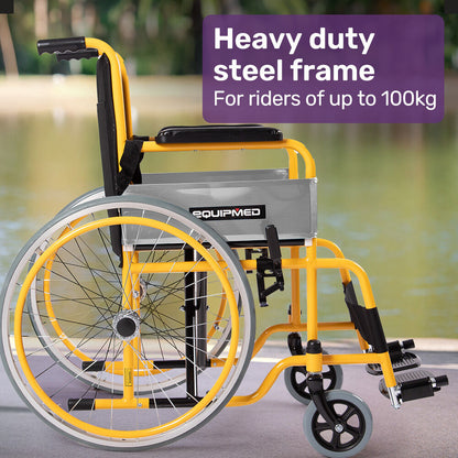 EQUIPMED Kids Paediatric Wheelchair, 100kg Rated, 110-140cm Rider Height, Quick Folding, Adjustable Footrests, 22" Wheels, Yellow