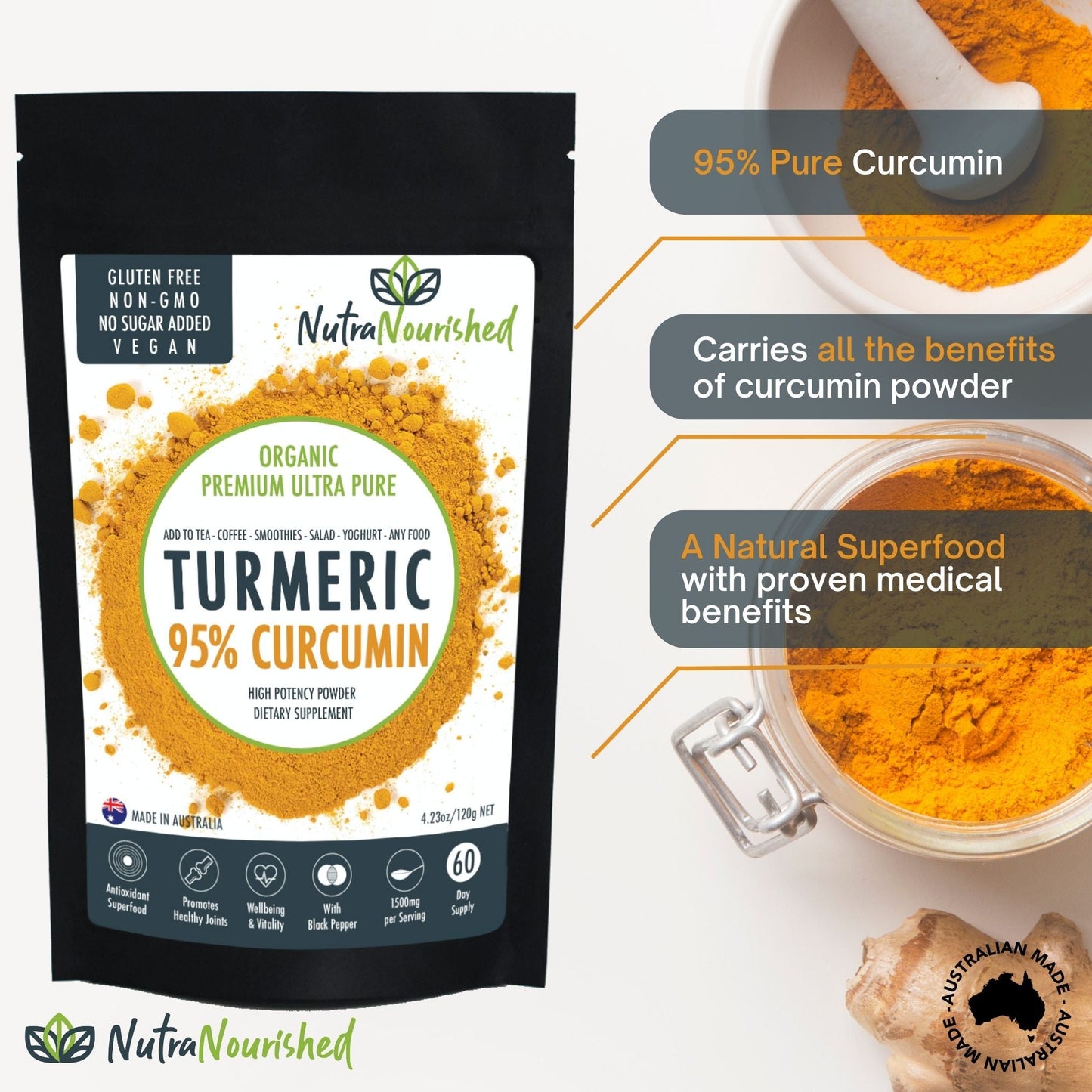 PURE ORGANIC 95% CURCUMIN POWDER - 1500MG OF TURMERIC EXTRACT BUFFERED WITH BLACK PEPPER