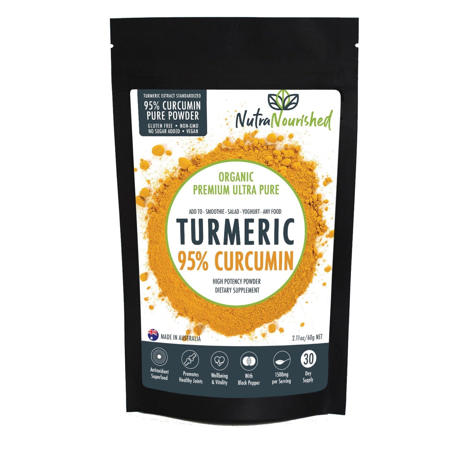 PURE ORGANIC 95% CURCUMIN POWDER - 1500MG OF TURMERIC EXTRACT BUFFERED WITH BLACK PEPPER